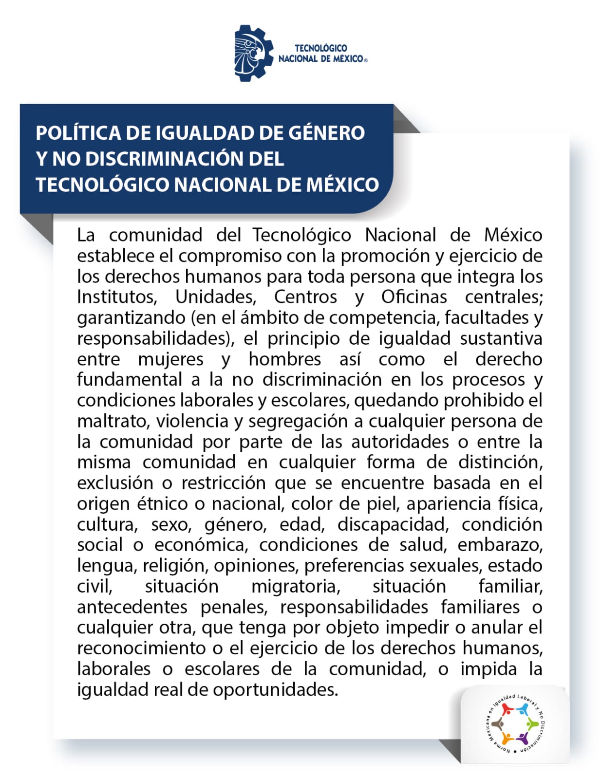 Lámina oficial de la Política de Igualdad de Género y No Discriminación del Tecnológico Nacional de México